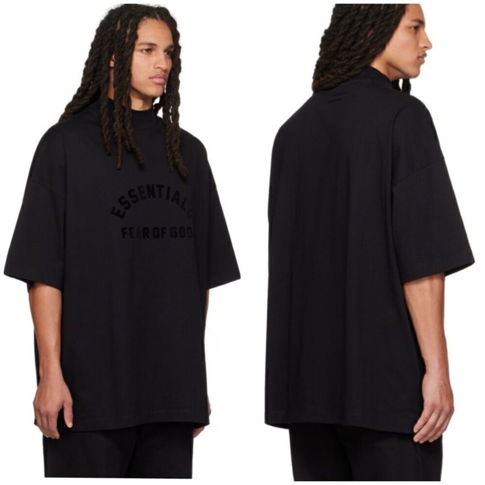 NEW Fear of God Menβs Essentials Black Mockneck Short Sleeve OversizedβTshirt M
